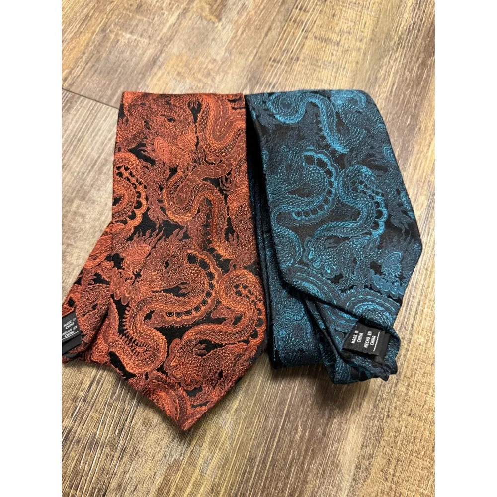 J. Ferrar Dragon Jacquard Necktie‎ Set Teal & Orange Woven Silk-Look Ties 2pc